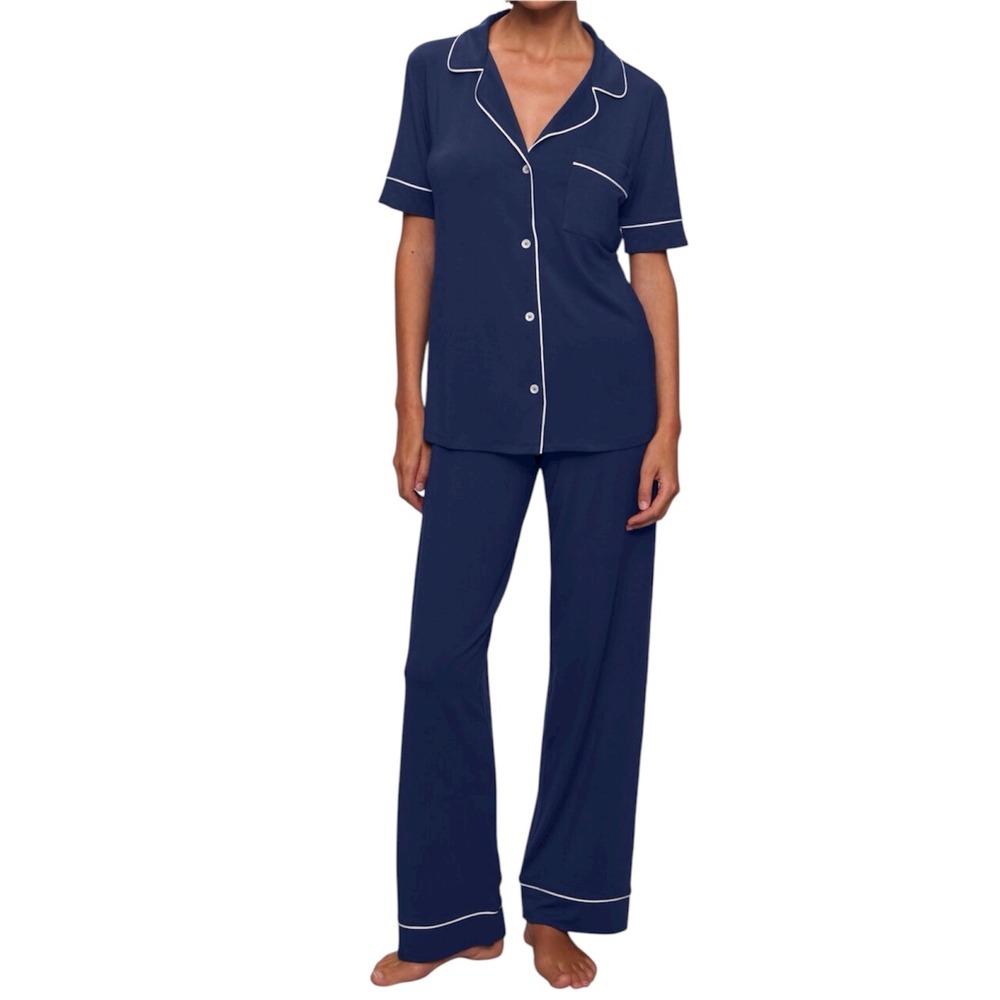 Eberjey Gisele Navy White Piping Soft Luxurious Cozy TENCEL Modal Pants PJ Set M
